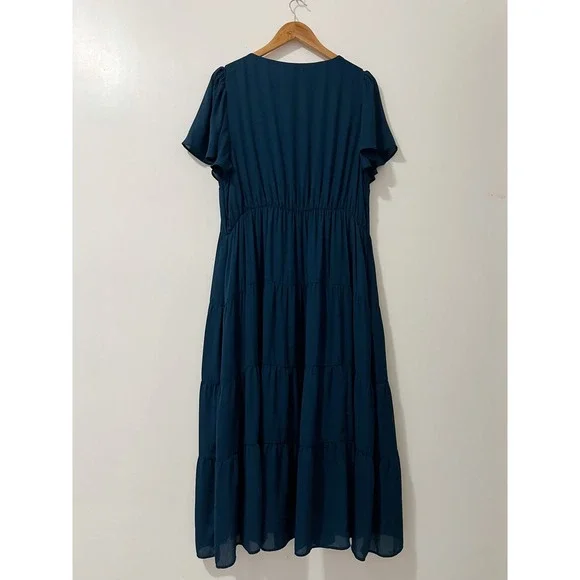 Abercrombie & Fitch Navy Blue Flutter Sleeve Tiered Midi Dress Women XL - Picture 3 of 7